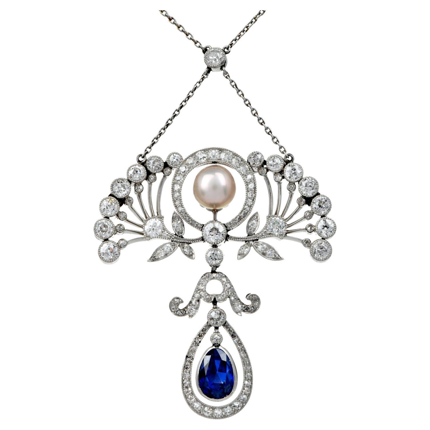 Antique Edwardian GIA Natural Pearl Sapphire Platinum  Floral Pendant Necklace  For Sale