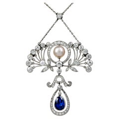 Antique Edwardian GIA Natural Pearl Sapphire Platinum  Floral Pendant Necklace 
