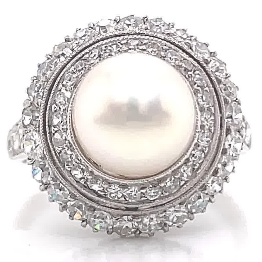 Round Cut Antique Edwardian GIA Pearl Diamond Platinum Cluster Ring