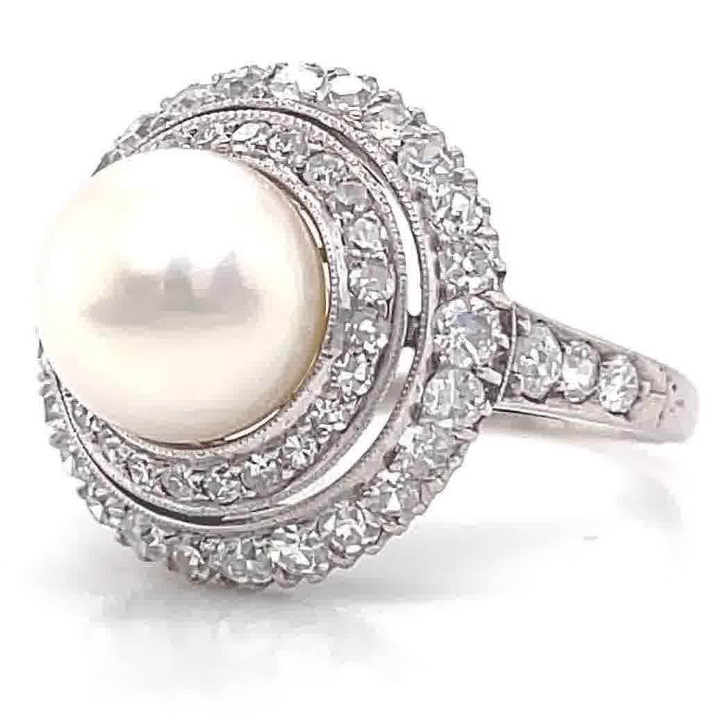 Antique Edwardian GIA Pearl Diamond Platinum Cluster Ring In Excellent Condition In Beverly Hills, CA