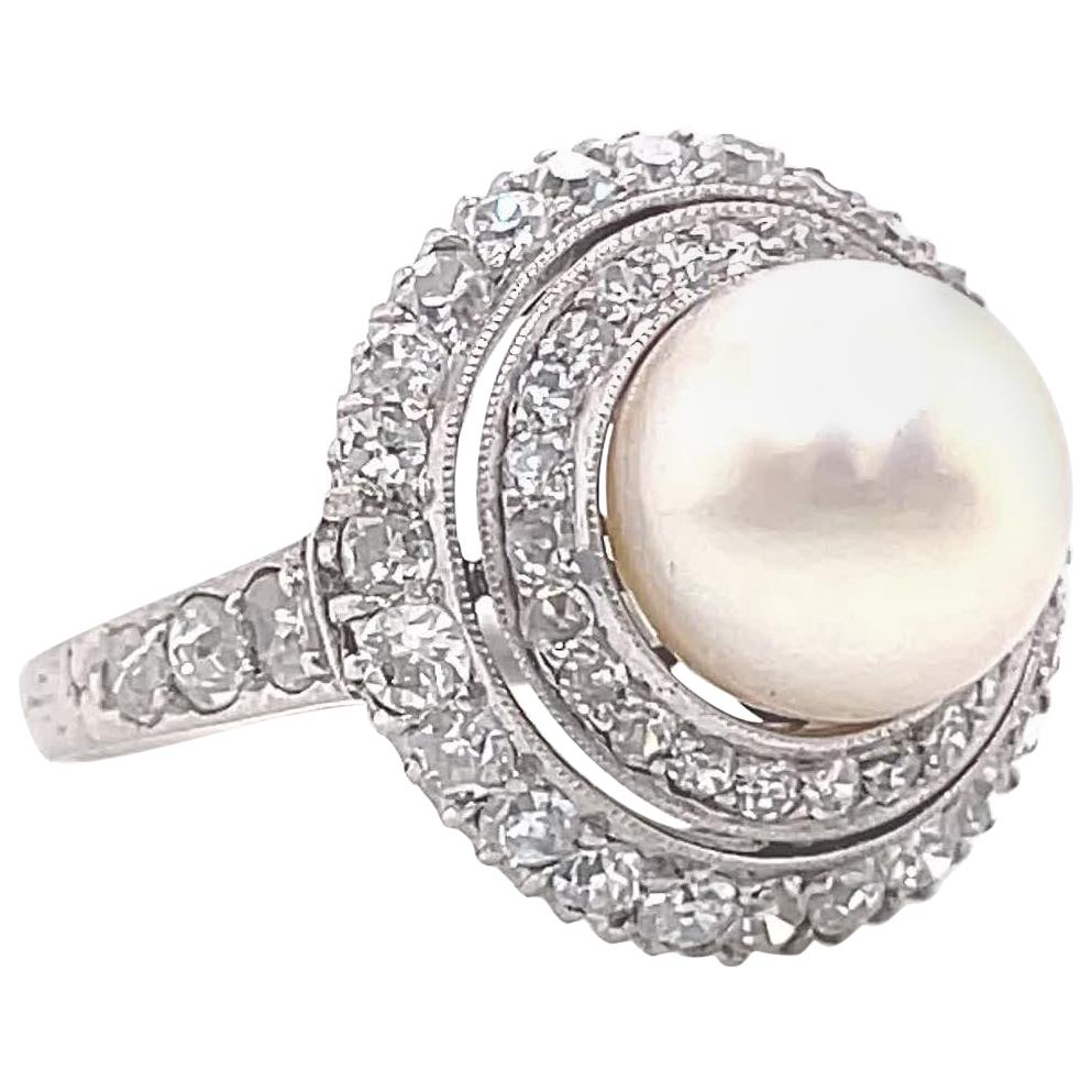 Antique Edwardian GIA Pearl Diamond Platinum Cluster Ring