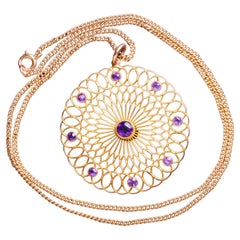 Antique Edwardian Gold Amethyst Necklace, Antique Large Samsara Wheel Necklace