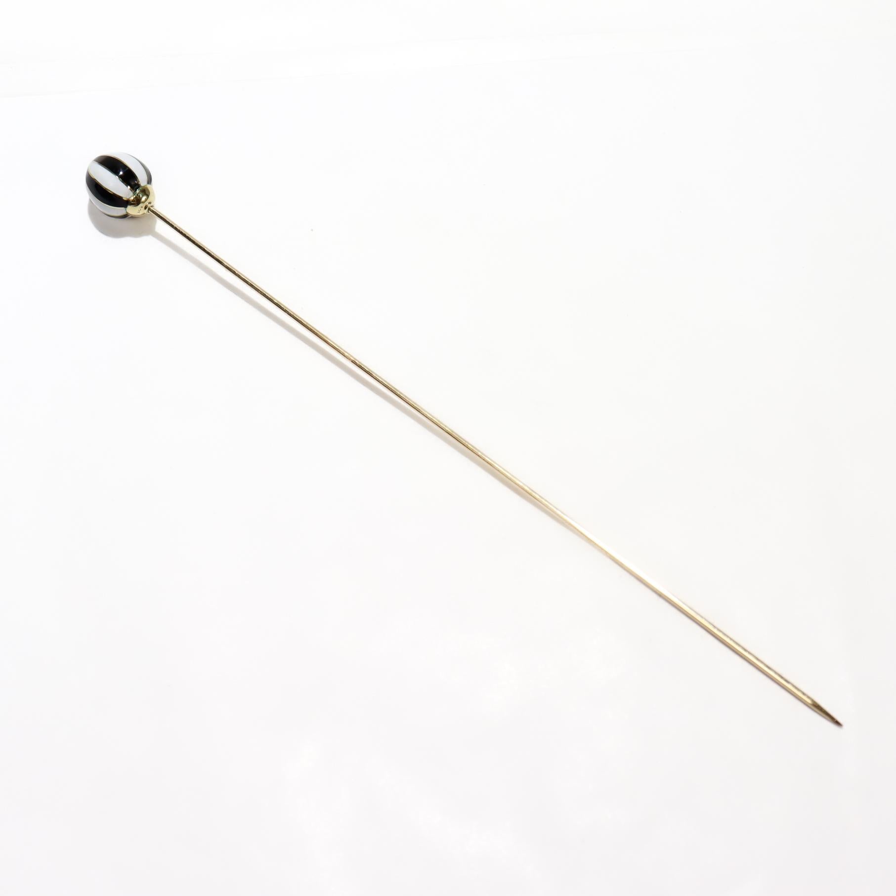 Women's Antique Edwardian Gold and Black & White Enamel Hat Pin For Sale