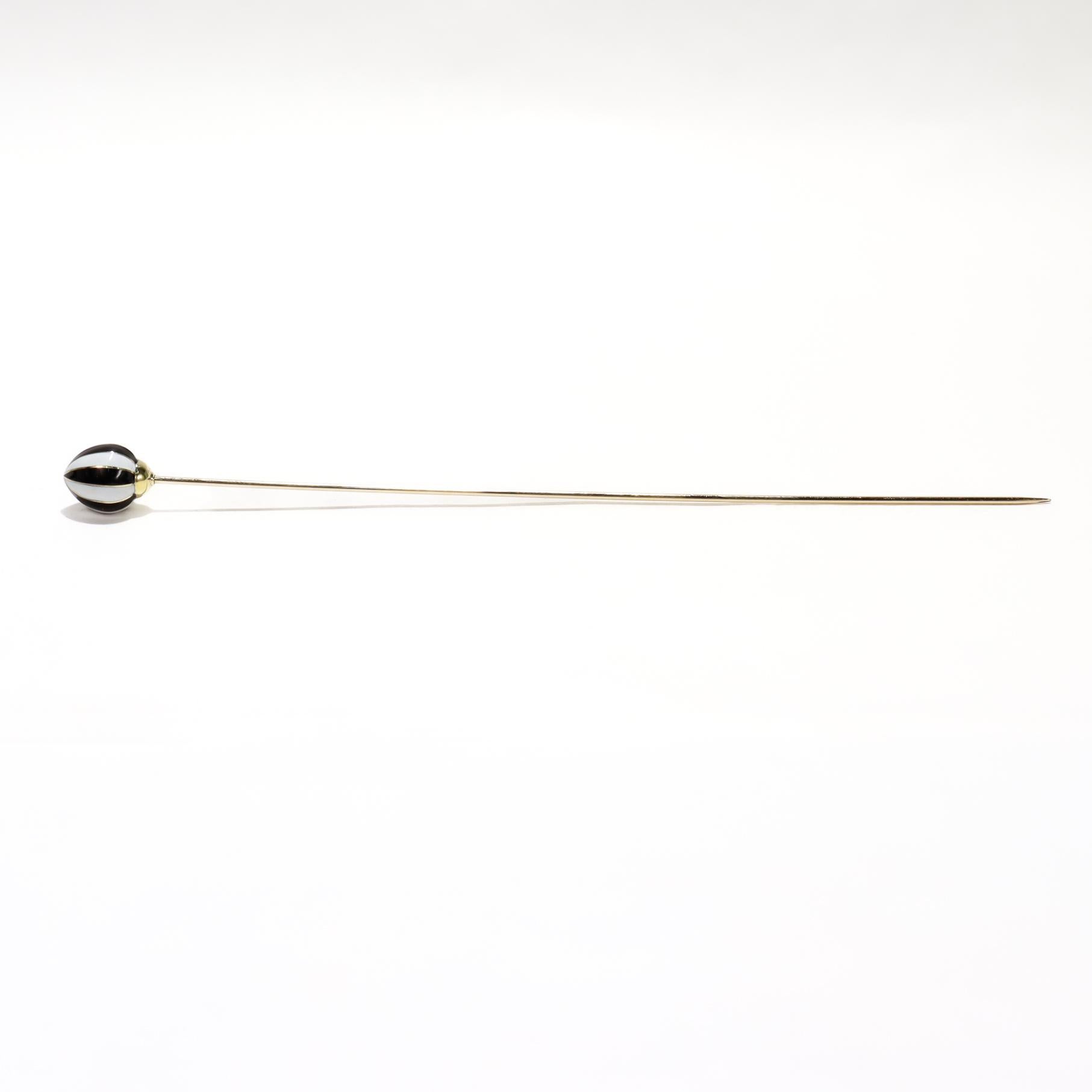 Antique Edwardian Gold and Black & White Enamel Hat Pin For Sale 1