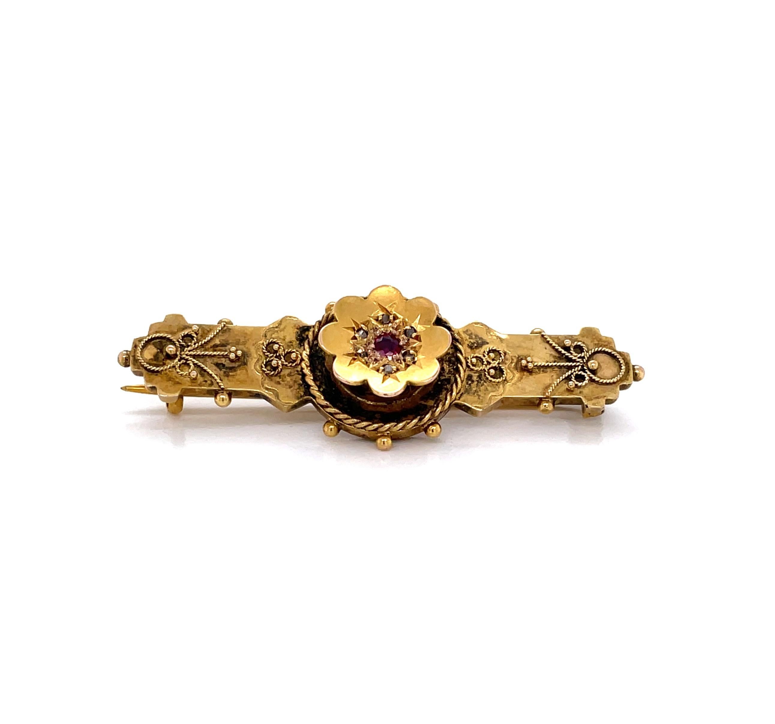 Rose Cut Antique Edwardian Gold Brooch w Ruby Diamond Accents