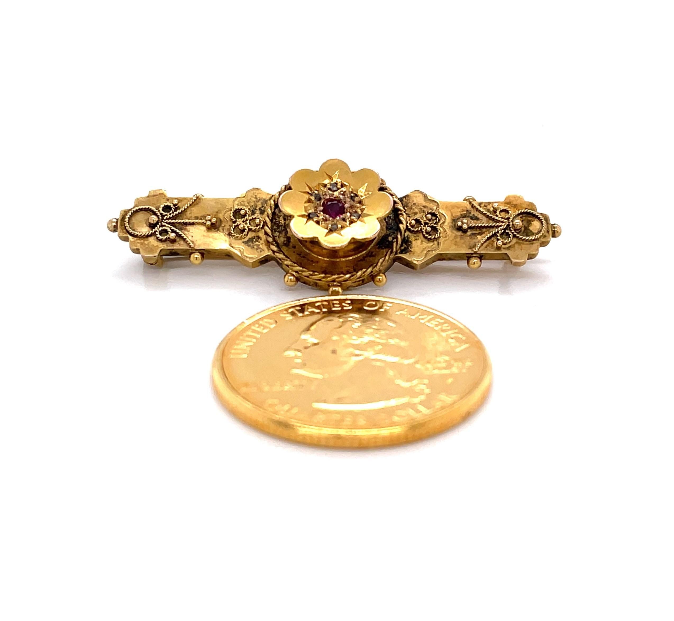 Women's Antique Edwardian Gold Brooch w Ruby Diamond Accents
