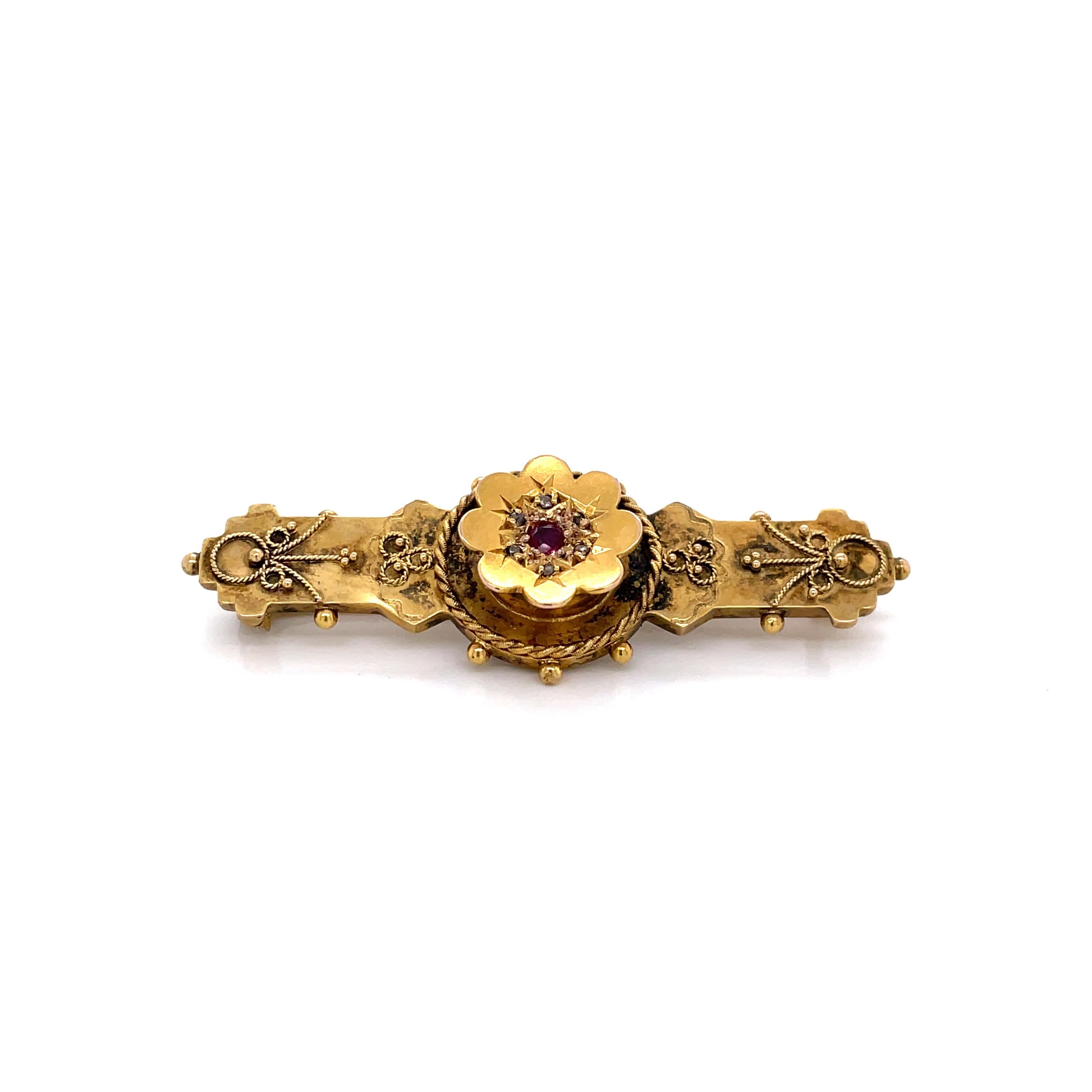 Antique Edwardian Gold Brooch w Ruby Diamond Accents 1
