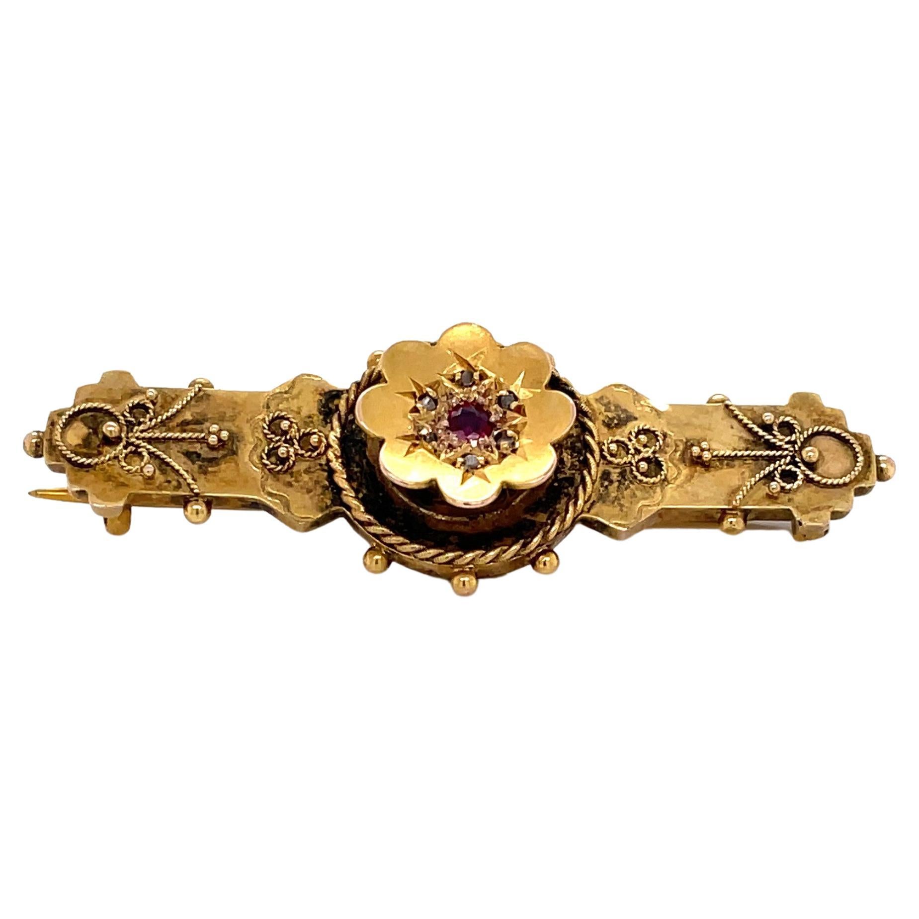 Antique Edwardian Gold Brooch w Ruby Diamond Accents