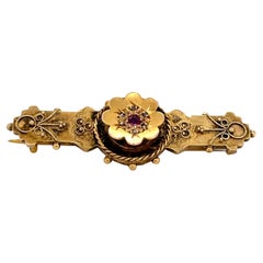Antique Edwardian Gold Brooch w Ruby Diamond Accents