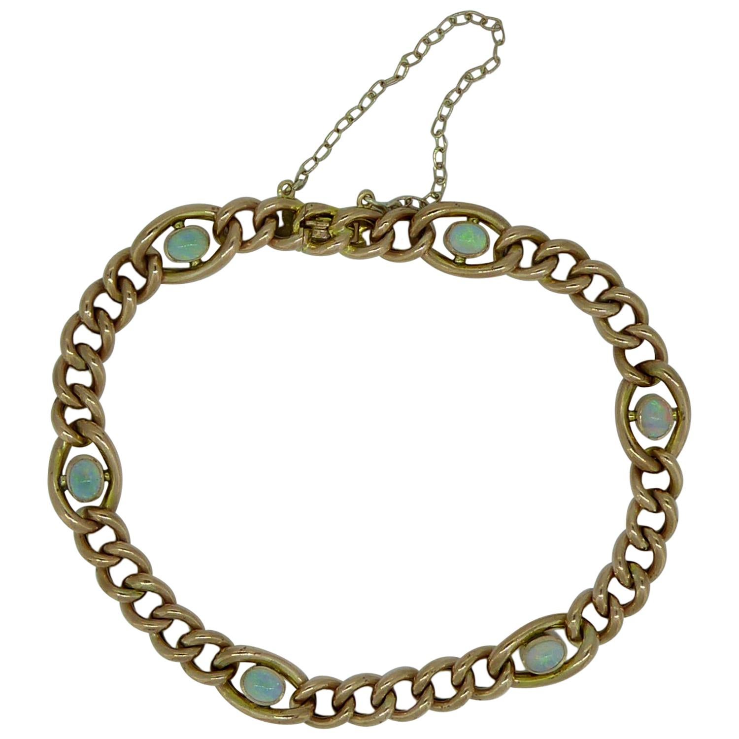 Antique Edwardian Gold Curb Link Bracelet with Cabochon Opals
