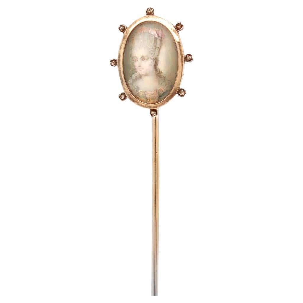 Antique Edwardian Gold & Diamond Miniature Portrait Stickpin 