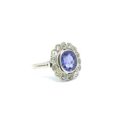 Antique Edwardian Gold GIA Bezel Color Change Sapphire Old Cut Diamond Halo Ring