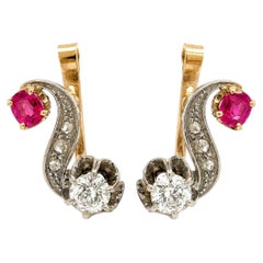 Pendientes antiguos de estilo eduardiano con diamantes de talla antigua en espiral, en oro y paladio