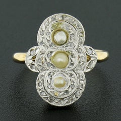 Antique Edwardian Gold & Platinum 0.44ct Diamond Seed Pearl Tulip Sides Ring