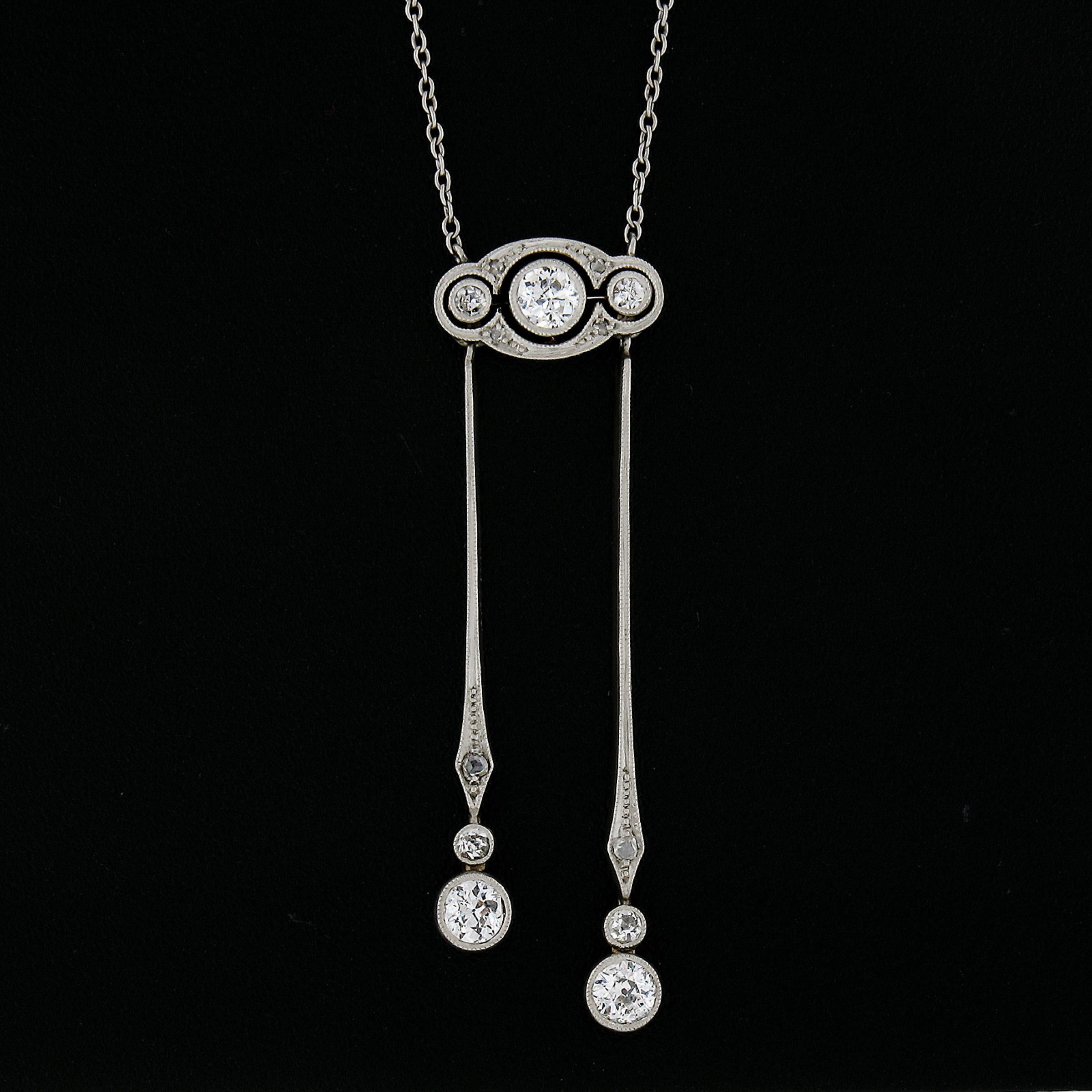 Old European Cut Antique Edwardian Gold & Platinum 0.60ctw Diamond Dangle Necklace Chain For Sale