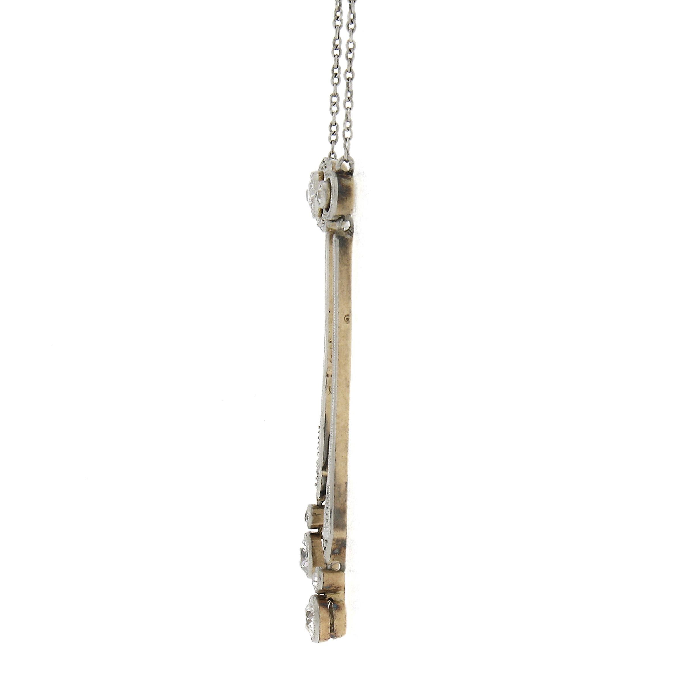 Women's Antique Edwardian Gold & Platinum 0.60ctw Diamond Dangle Necklace Chain For Sale