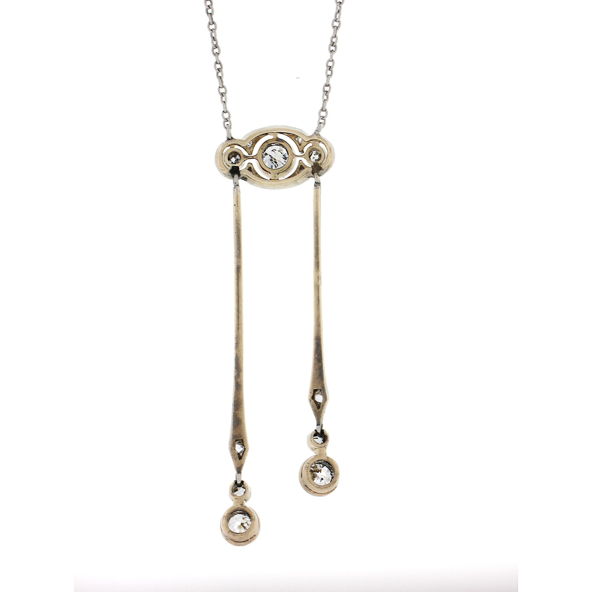Antique Edwardian Gold & Platinum 0.60ctw Diamond Dangle Necklace Chain For Sale 1