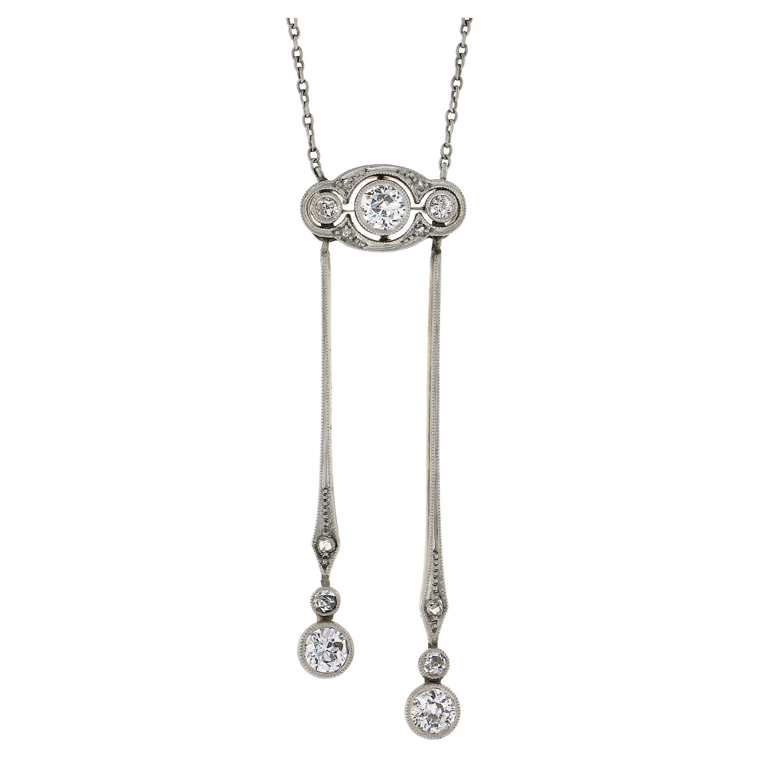 Antique Edwardian Gold & Platinum 0.60ctw Diamond Dangle Necklace Chain For Sale