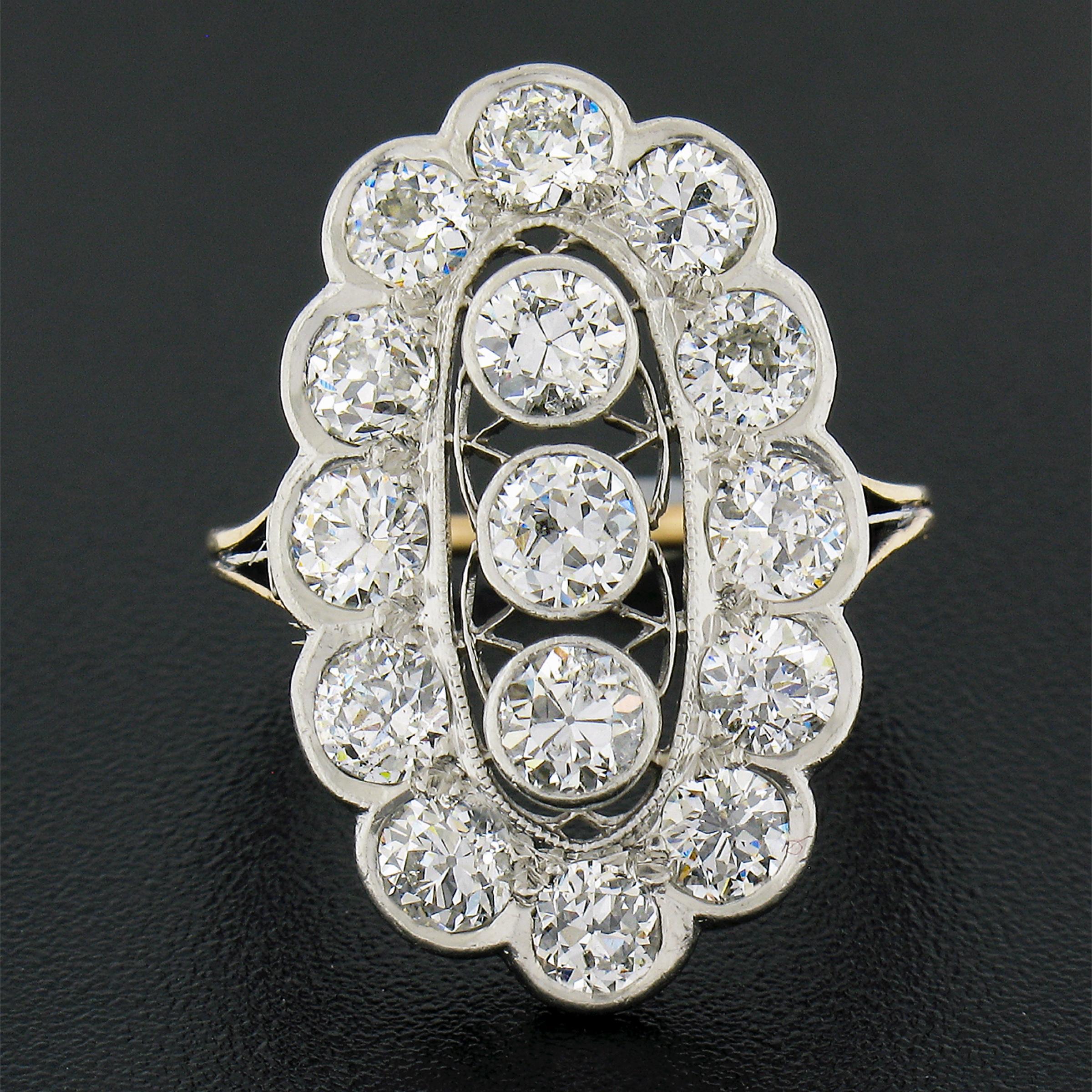 Édouardien Longue bague de soirée édouardienne ancienne en or et platine avec diamant européen ancien de 2,5 carats en vente
