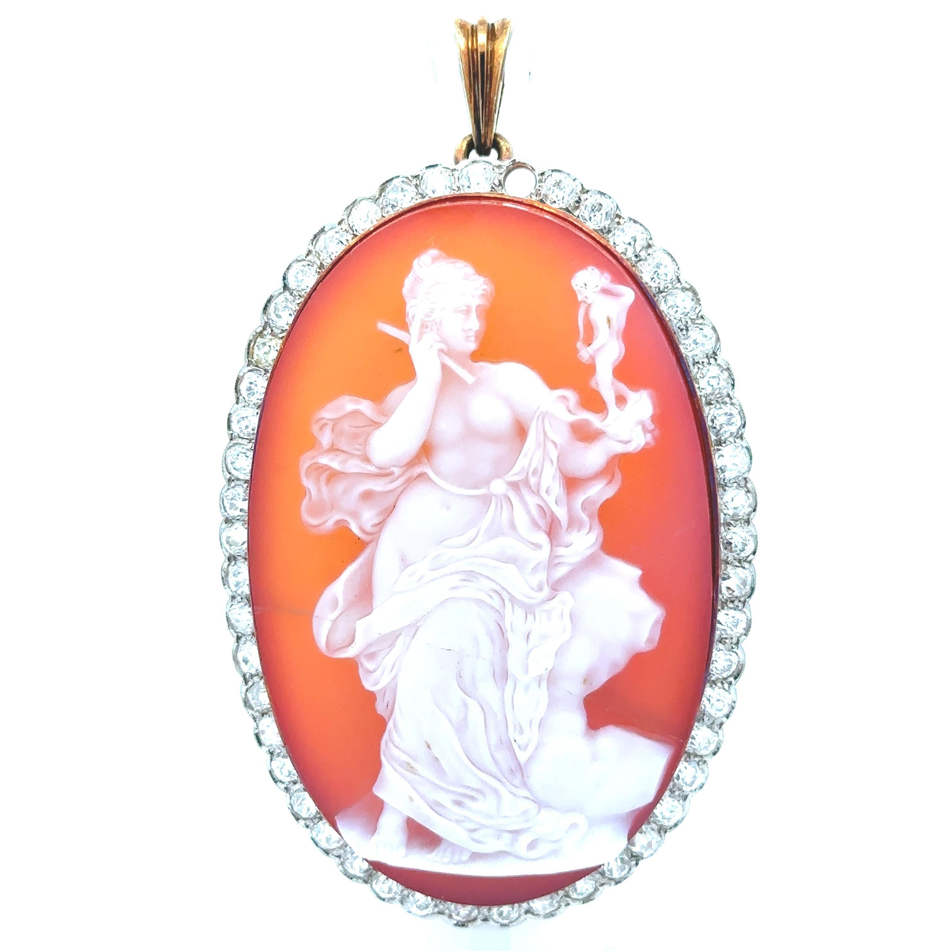 Antike Edwardian Gold & Platin Achat Kamee Old Mine Cut Diamond Frame Anhänger Damen im Angebot