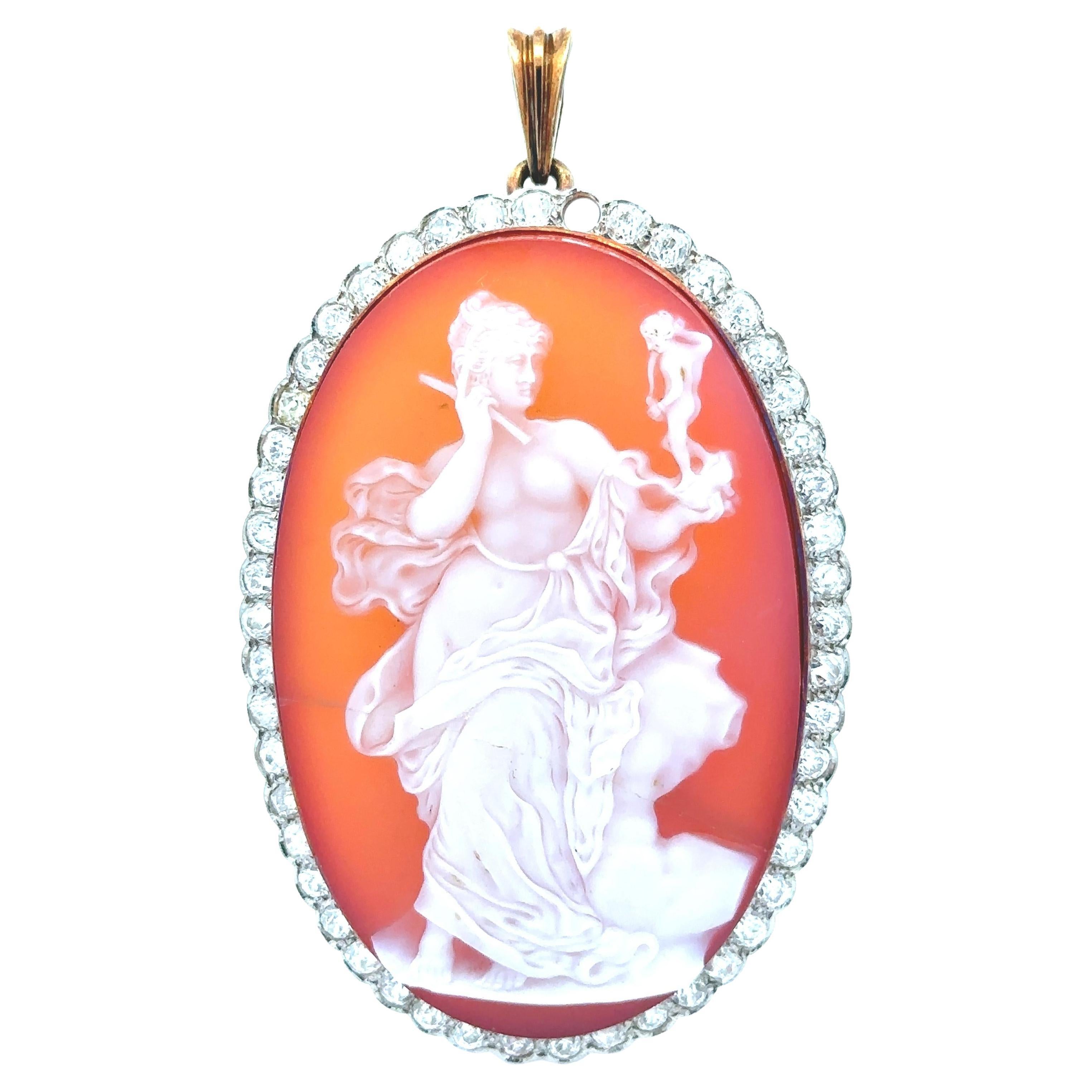 Antike Edwardian Gold & Platin Achat Kamee Old Mine Cut Diamond Frame Anhänger im Angebot