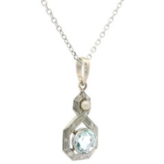 Antique Edwardian Gold Platinum Aquamarine Seed Pearl Pendant 18" Chain Necklace