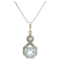 Antique Edwardian Gold Platinum Aquamarine Seed Pearl Pendant 18" Chain Necklace