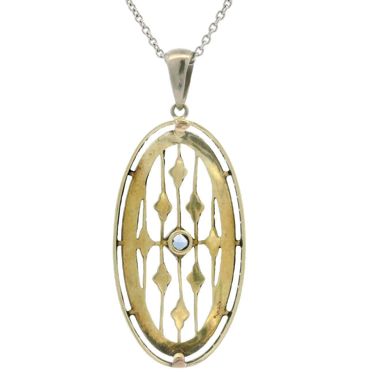 Antique Edwardian Gold & Platinum Blue Stone Milgrain Pendant Chain Necklace For Sale 6