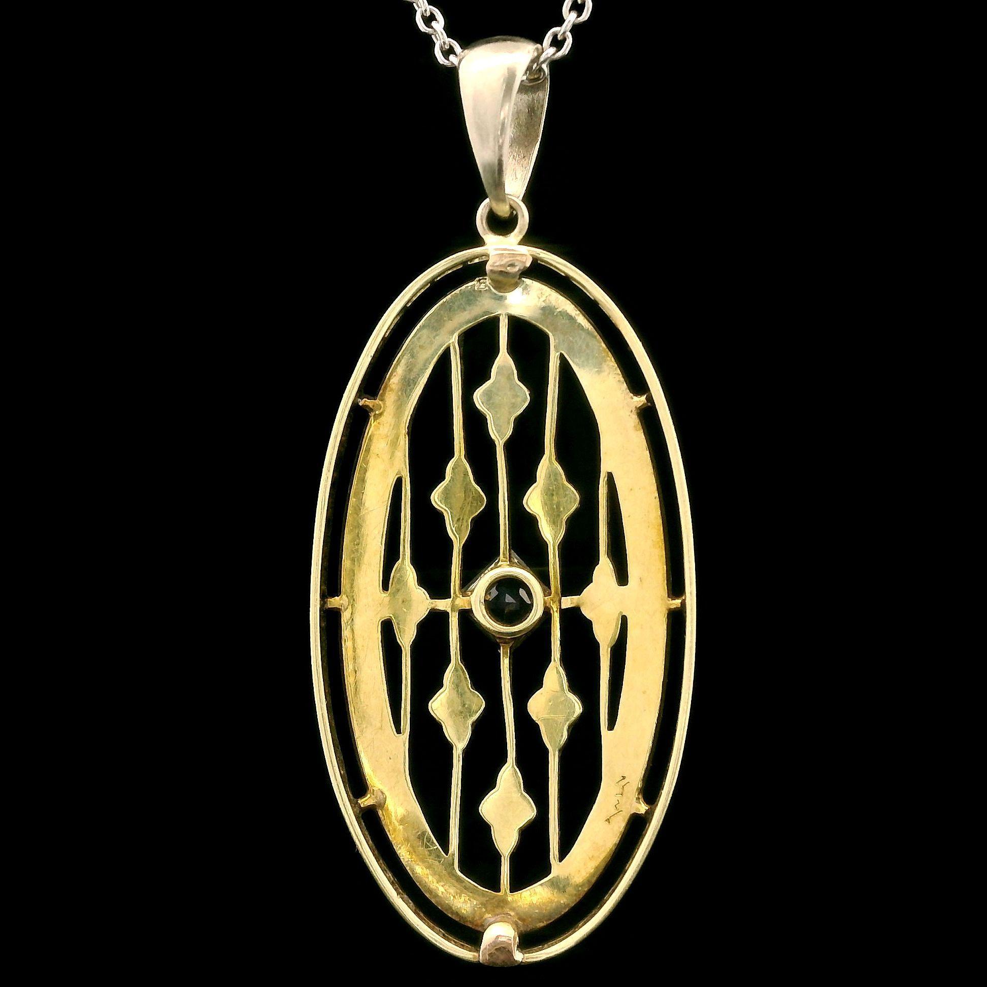 Antique Edwardian Gold & Platinum Blue Stone Milgrain Pendant Chain Necklace For Sale 1