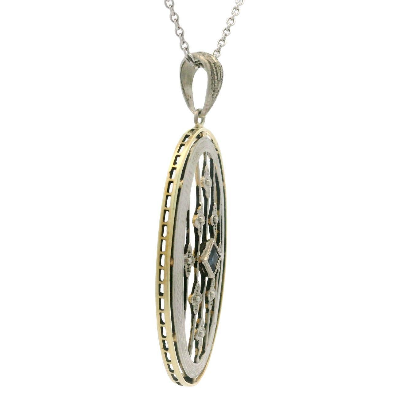 Antique Edwardian Gold & Platinum Blue Stone Milgrain Pendant Chain Necklace For Sale 4