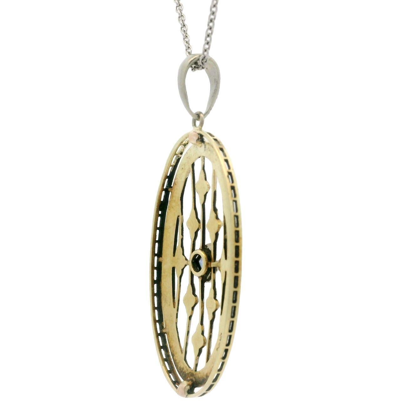 Antique Edwardian Gold & Platinum Blue Stone Milgrain Pendant Chain Necklace For Sale 5