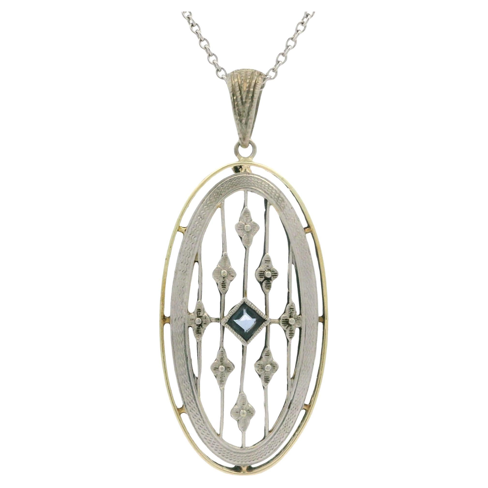 Antique Edwardian Gold & Platinum Blue Stone Milgrain Pendant Chain Necklace For Sale