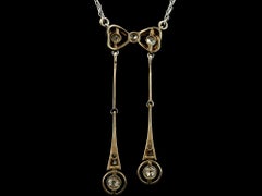 Collier pendentif lavallière édouardien ancien en or et platine avec ruban de diamants