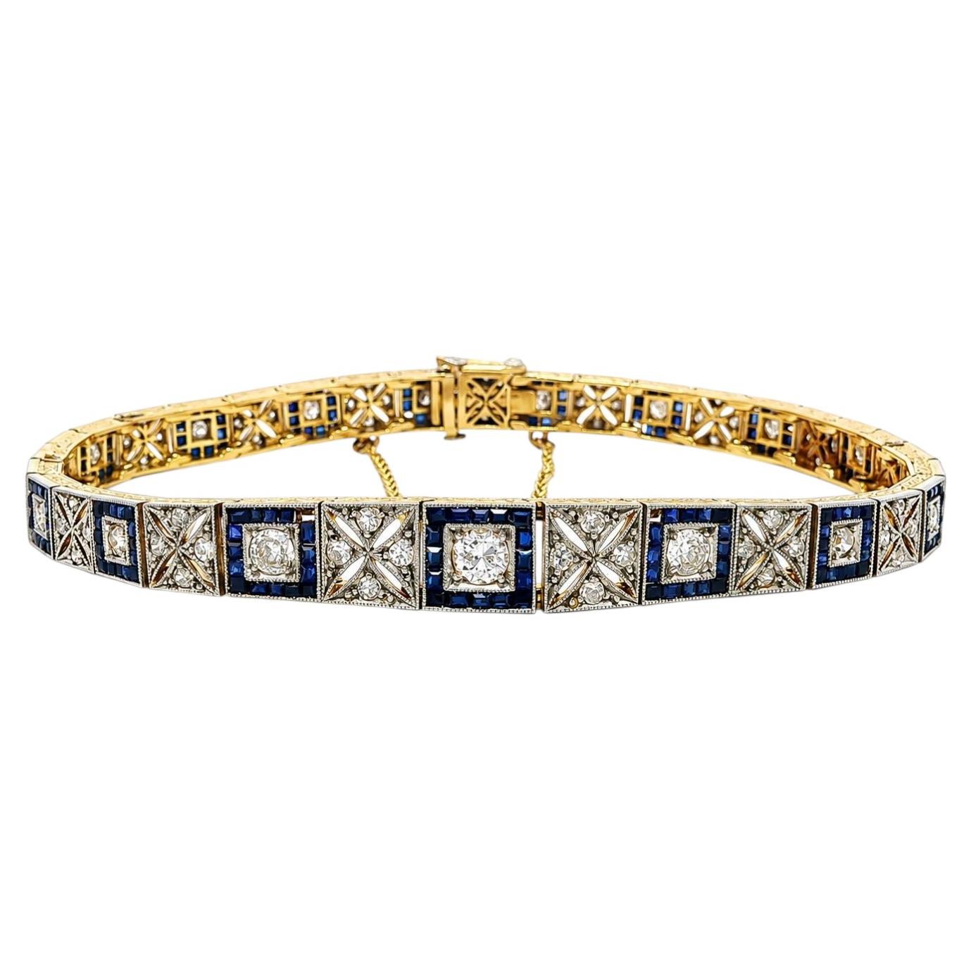 Bracciale antico in stile edoardiano in oro e platino con diamanti e zaffiri, con filigrana e bordatura milgrain