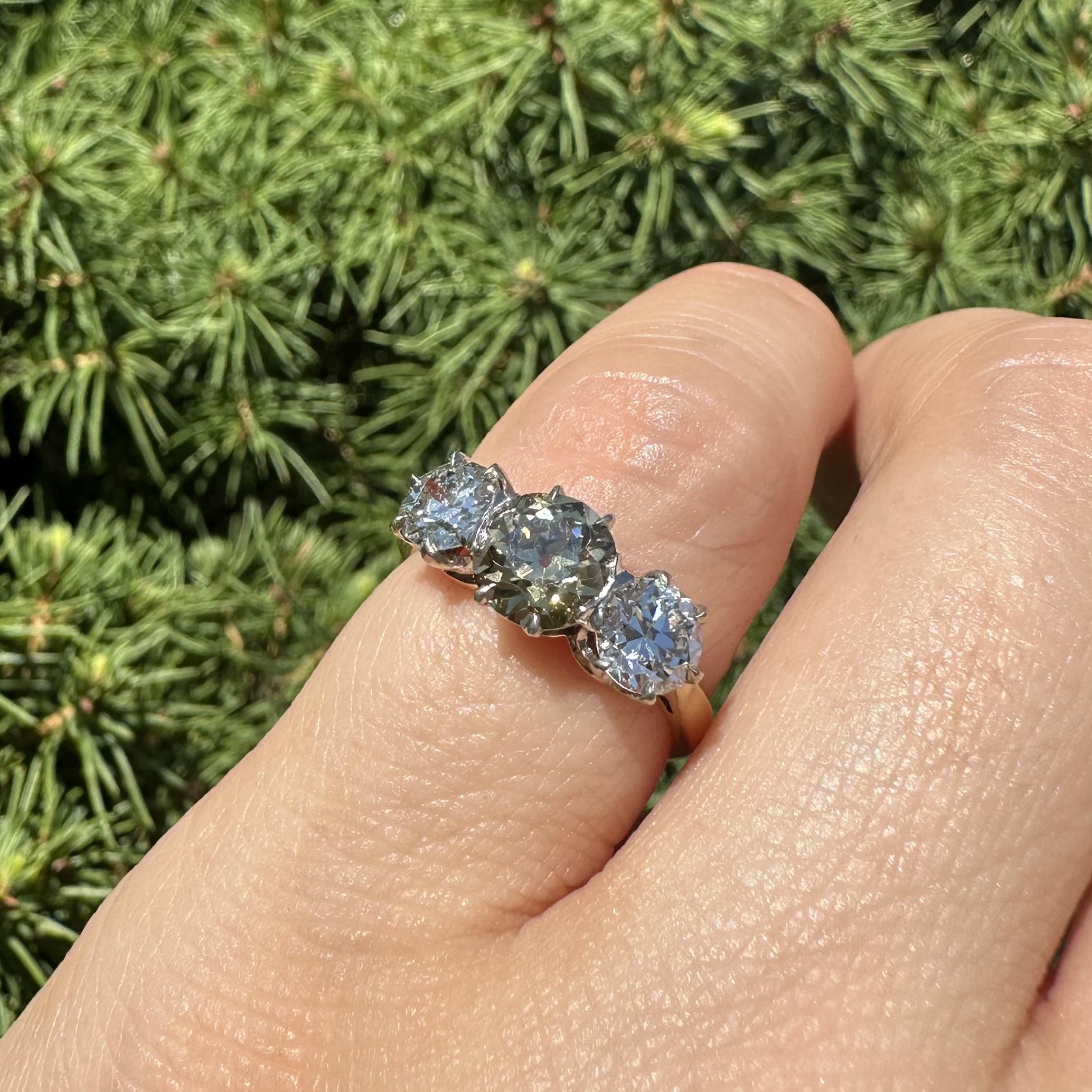 Antique Edwardian Gold Platinum GIA 2.11ct Fancy Yellow Old Diamond 3 Stone Ring For Sale 5