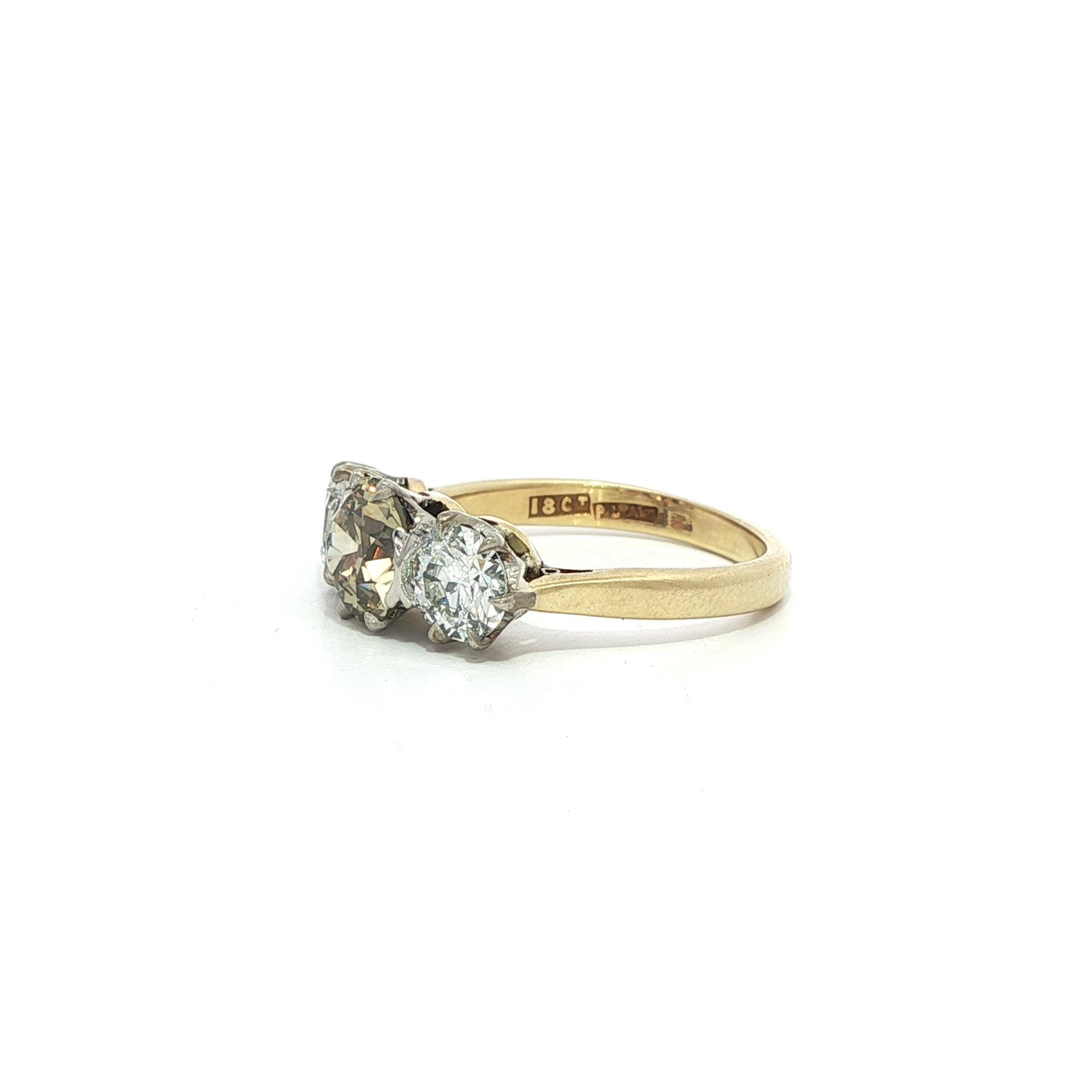 Old European Cut Antique Edwardian Gold Platinum GIA 2.11ct Fancy Yellow Old Diamond 3 Stone Ring For Sale