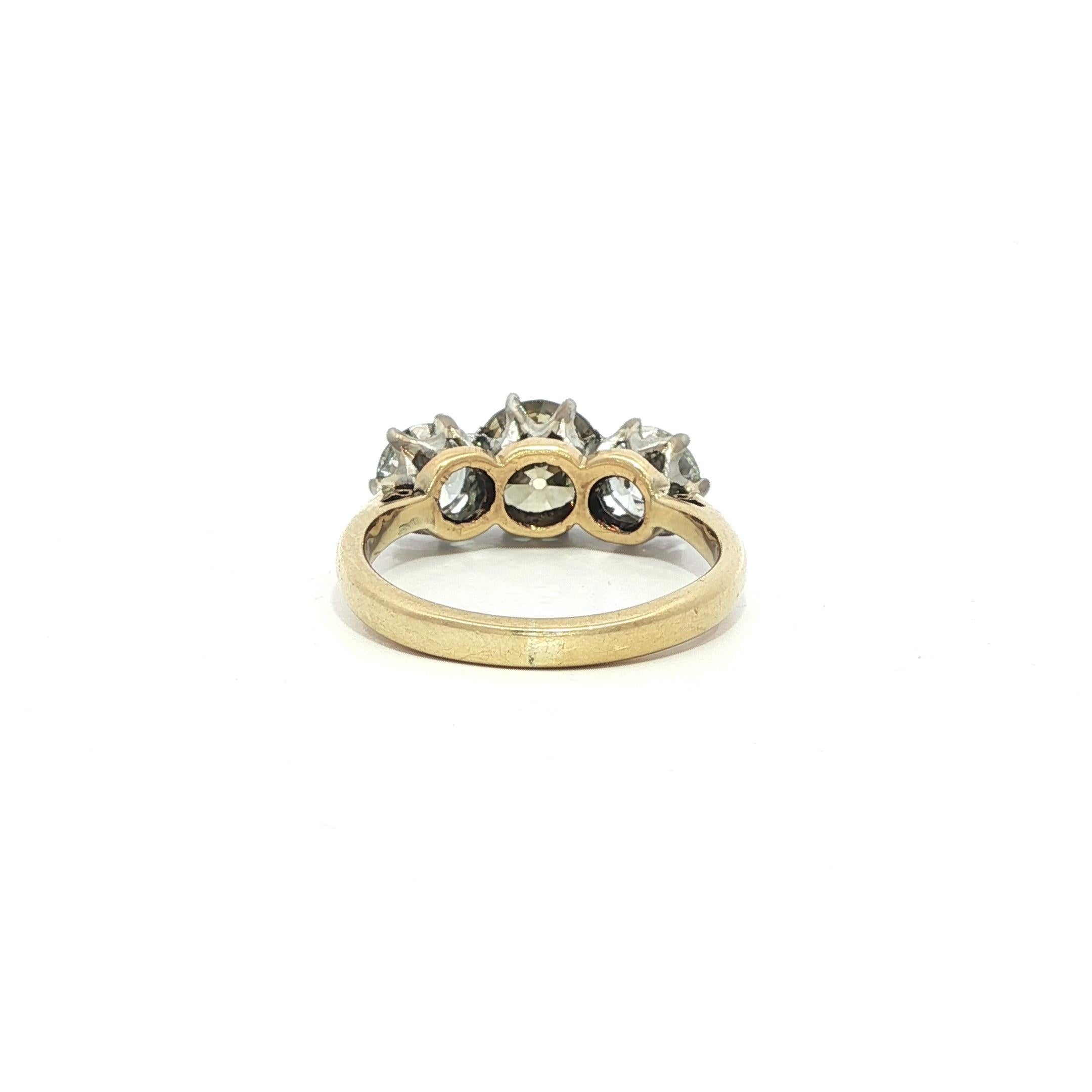 Antique Edwardian Gold Platinum GIA 2.11ct Fancy Yellow Old Diamond 3 Stone Ring In Excellent Condition For Sale In Montclair, NJ