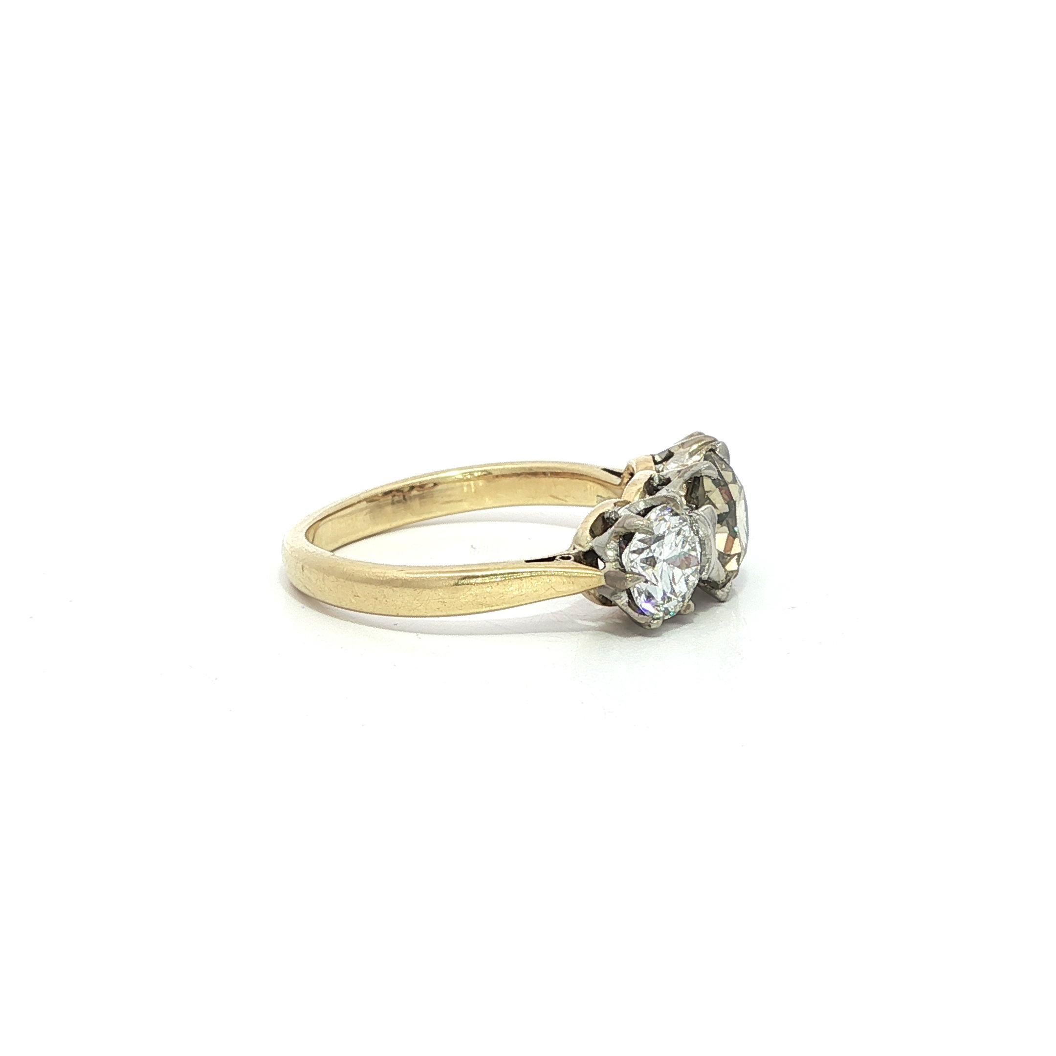 Women's Antique Edwardian Gold Platinum GIA 2.11ct Fancy Yellow Old Diamond 3 Stone Ring For Sale