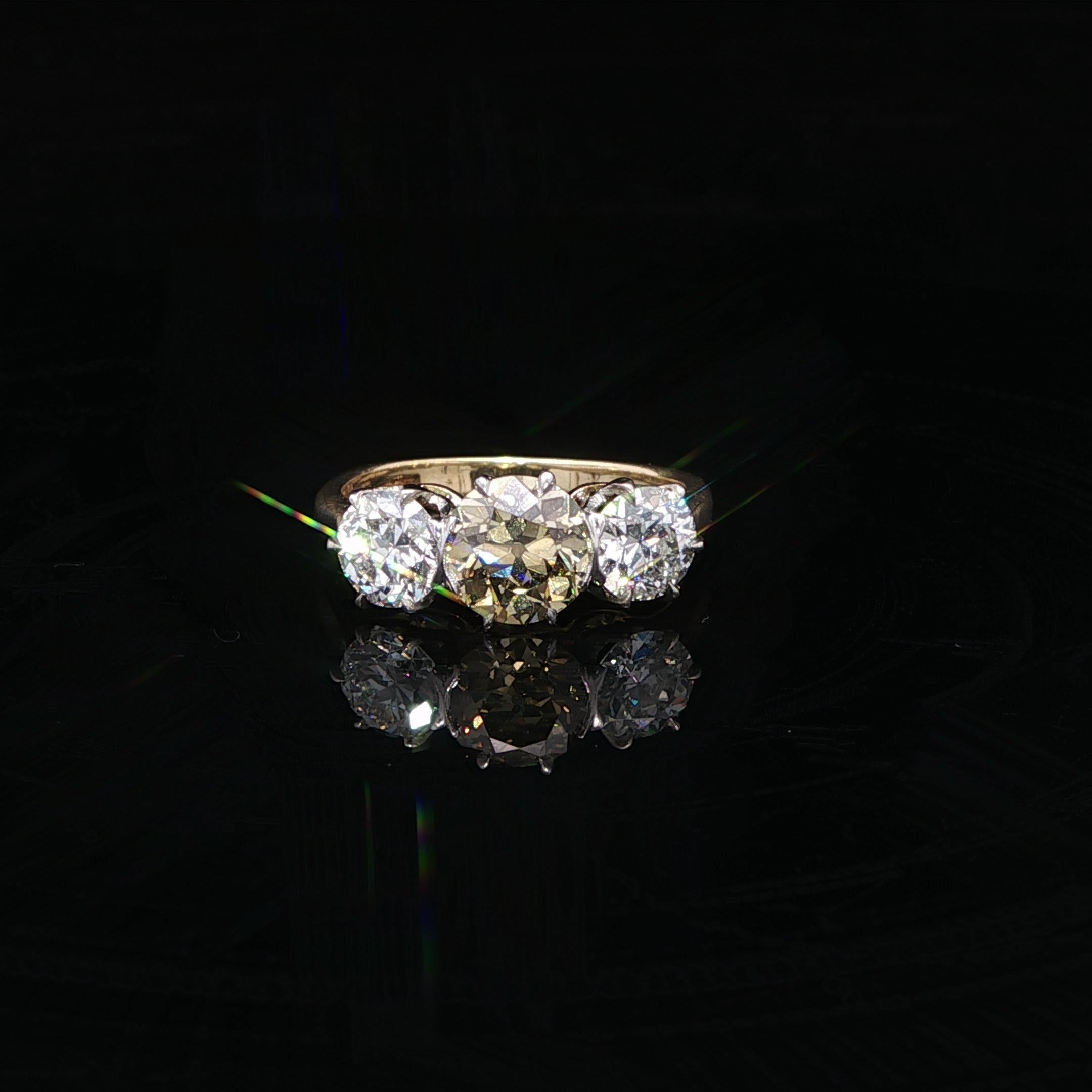 Antique Edwardian Gold Platinum GIA 2.11ct Fancy Yellow Old Diamond 3 Stone Ring For Sale 2