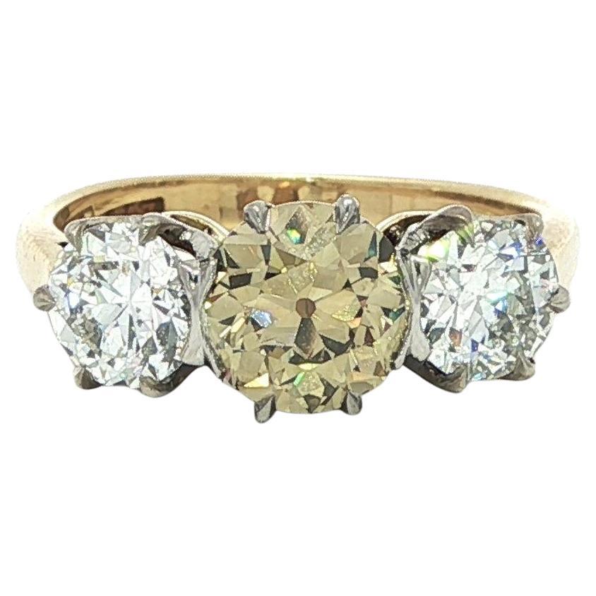 Antique Edwardian Gold Platinum GIA 2.11ct Fancy Yellow Old Diamond 3 Stone Ring For Sale
