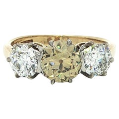 Antique Edwardian Gold Platinum GIA 2.11ct Fancy Yellow Old Diamond 3 Stone Ring