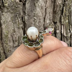 Antique Edwardian Gold Platinum Green Red Stones Pearl Diamond Coiled Snake Ring