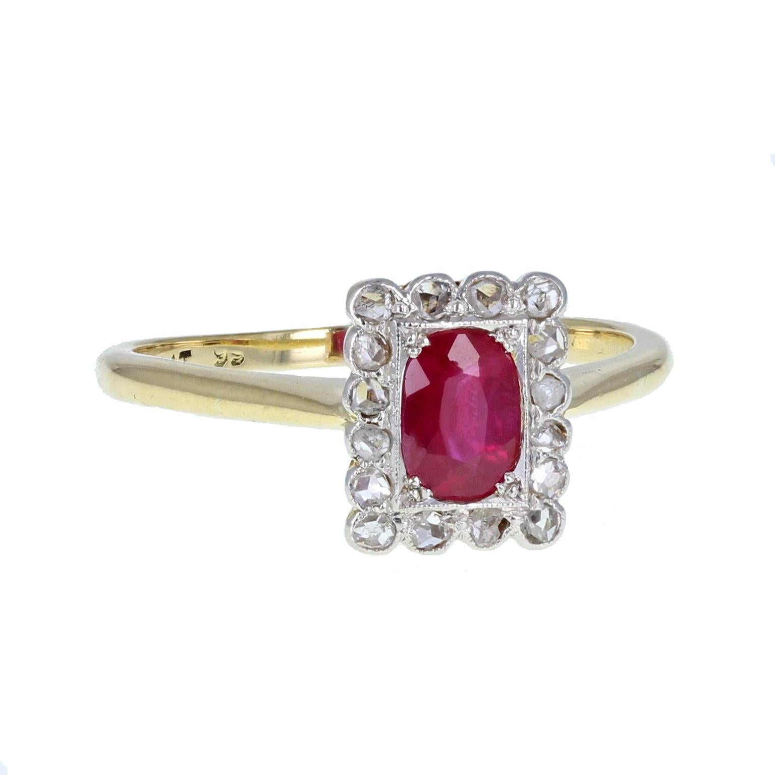 Cushion Cut Antique Edwardian Oval-Cut Ruby & Diamond Gold Platinum Cluster Engagement Ring For Sale