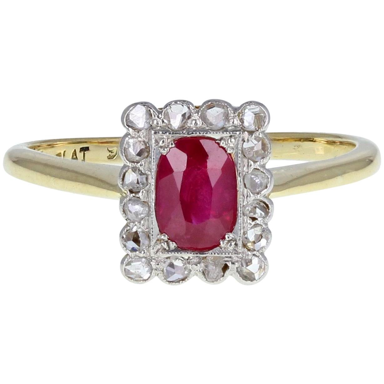 Antique Edwardian Oval-Cut Ruby & Diamond Gold Platinum Cluster Engagement Ring For Sale