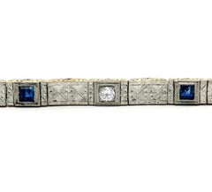 Antique Edwardian Gold & Platinum Sapphire Diamond Hand Engraved Line Bracelet