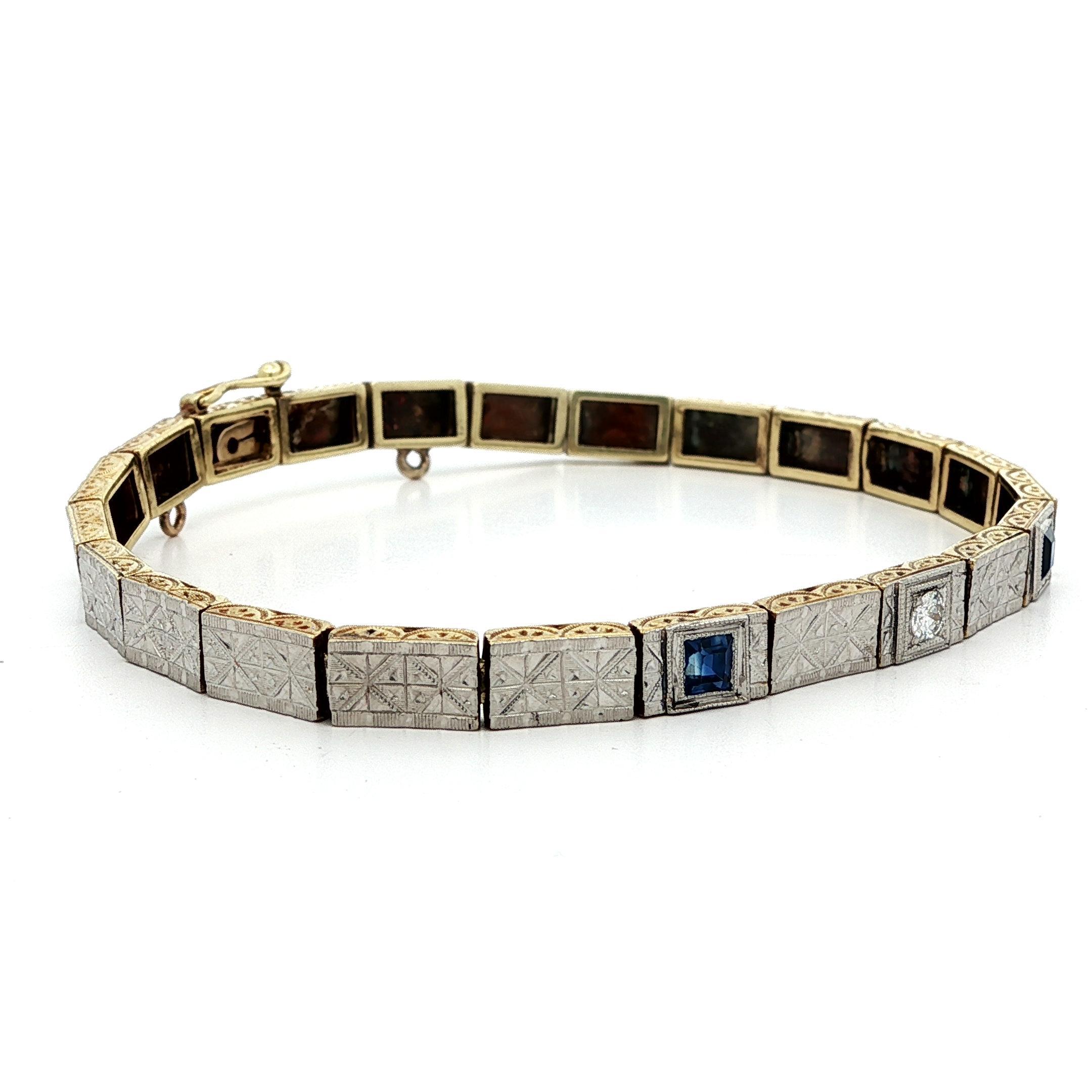 Antico bracciale edoardiano in oro e platino con zaffiro e diamante inciso a mano in vendita 3