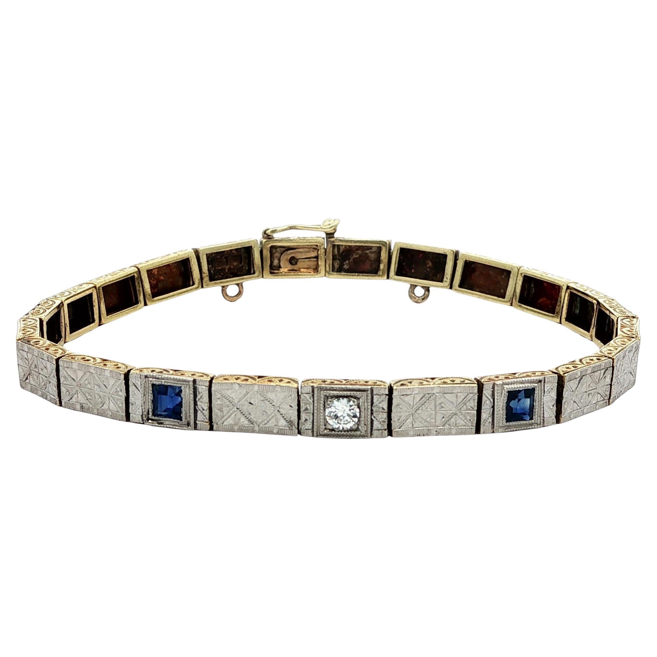 Antico bracciale edoardiano in oro e platino con zaffiro e diamante inciso a mano