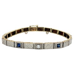 Antique Edwardian Gold & Platinum Sapphire Diamond Hand Engraved Line Bracelet