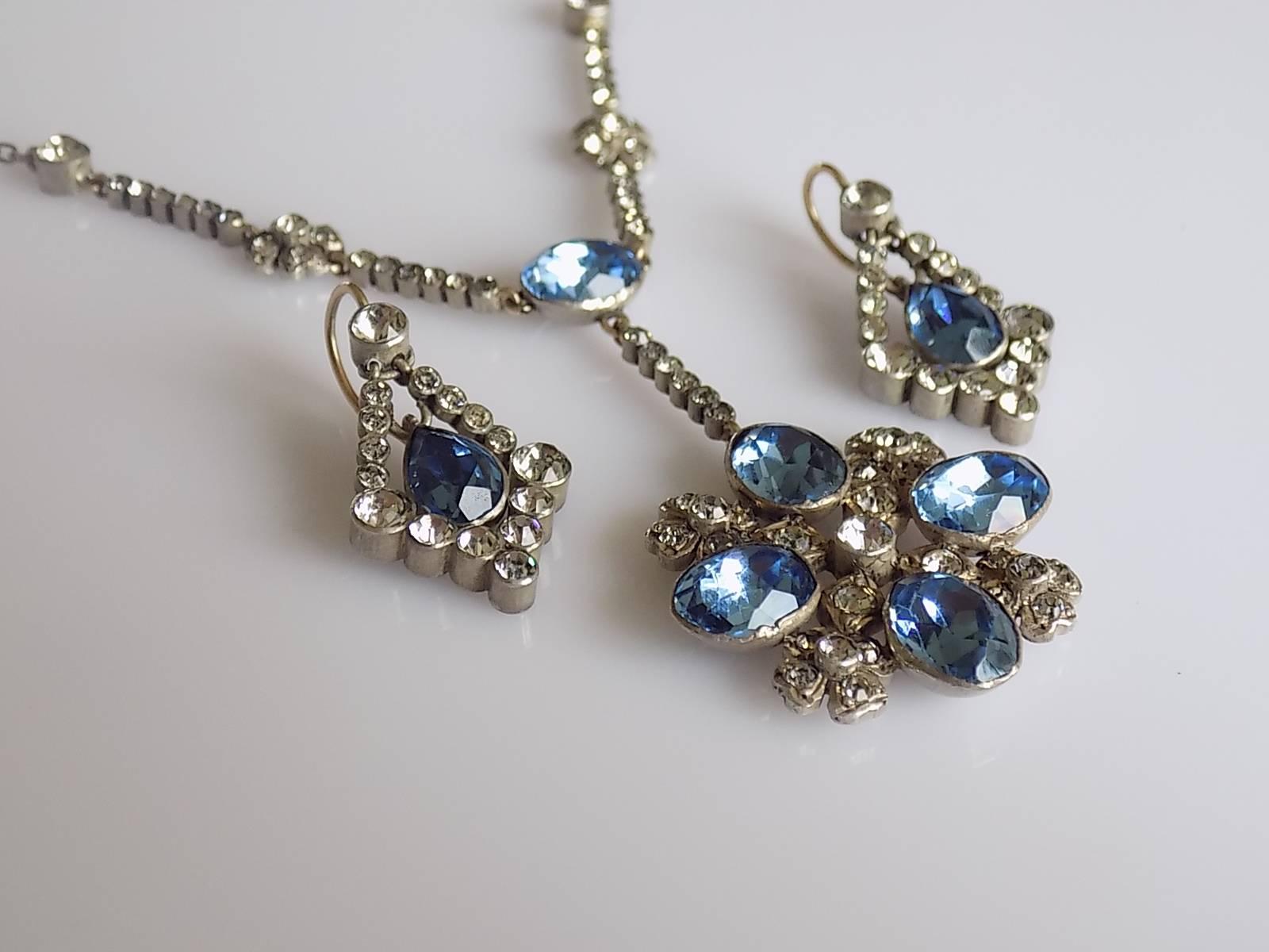 Georgian Antique Edwardian Gold Silver Paste Earrings Necklace Set