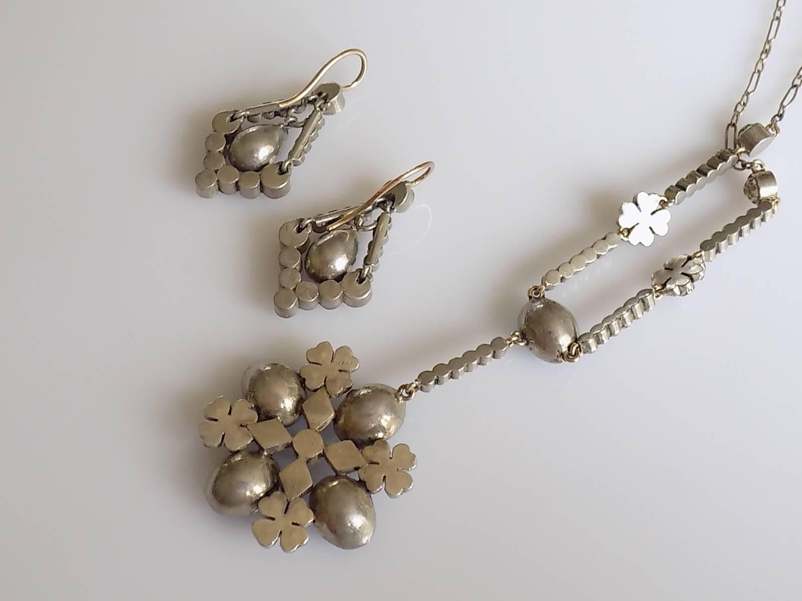 Antique Edwardian Gold Silver Paste Earrings Necklace Set 2
